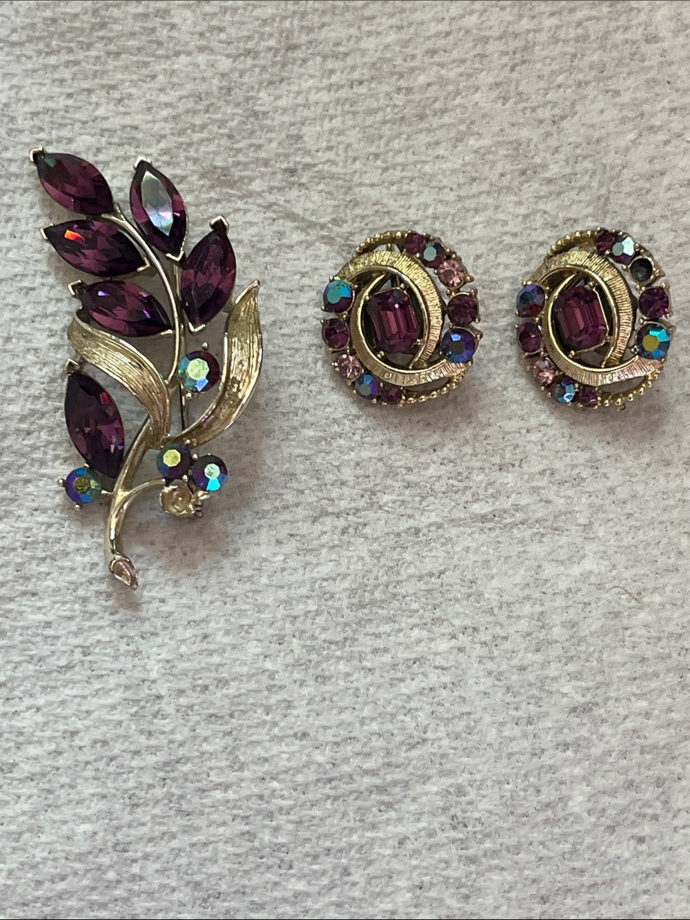 Vintage Lisner Purple Crystal Leaf Brooch and Coro matching earrings set